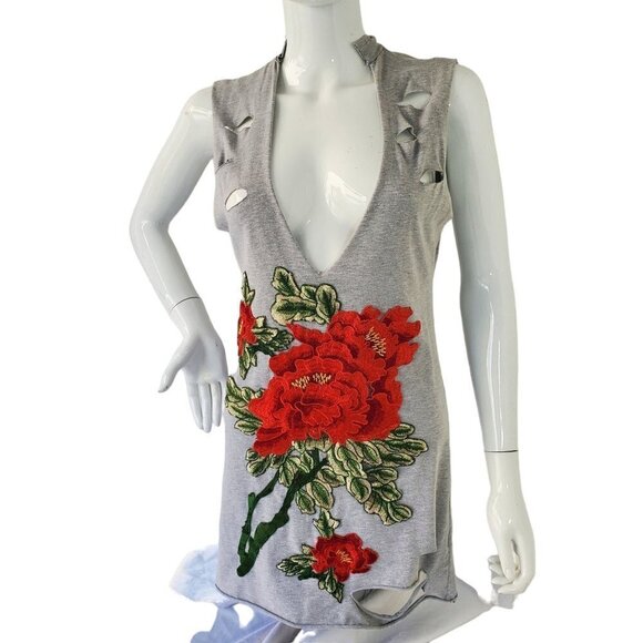 Red Rose T Shirt Dress Tunic Top Sleeveless Distressed Open Front Womens Medium - Picture 2 of 11